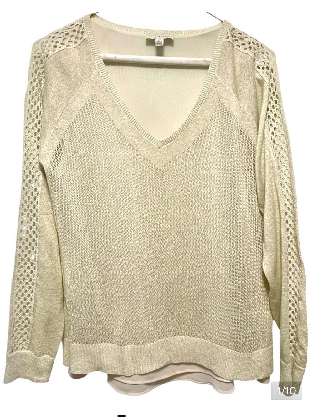 Lucky Brand Cream V-Neck Crochet-Sleeve Sweater